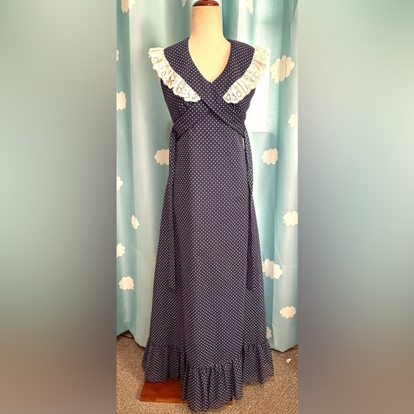 Vintage prairie dress- polka dot navy ruffle, lace cross tie maxi- XXS - Picture 9 of 14